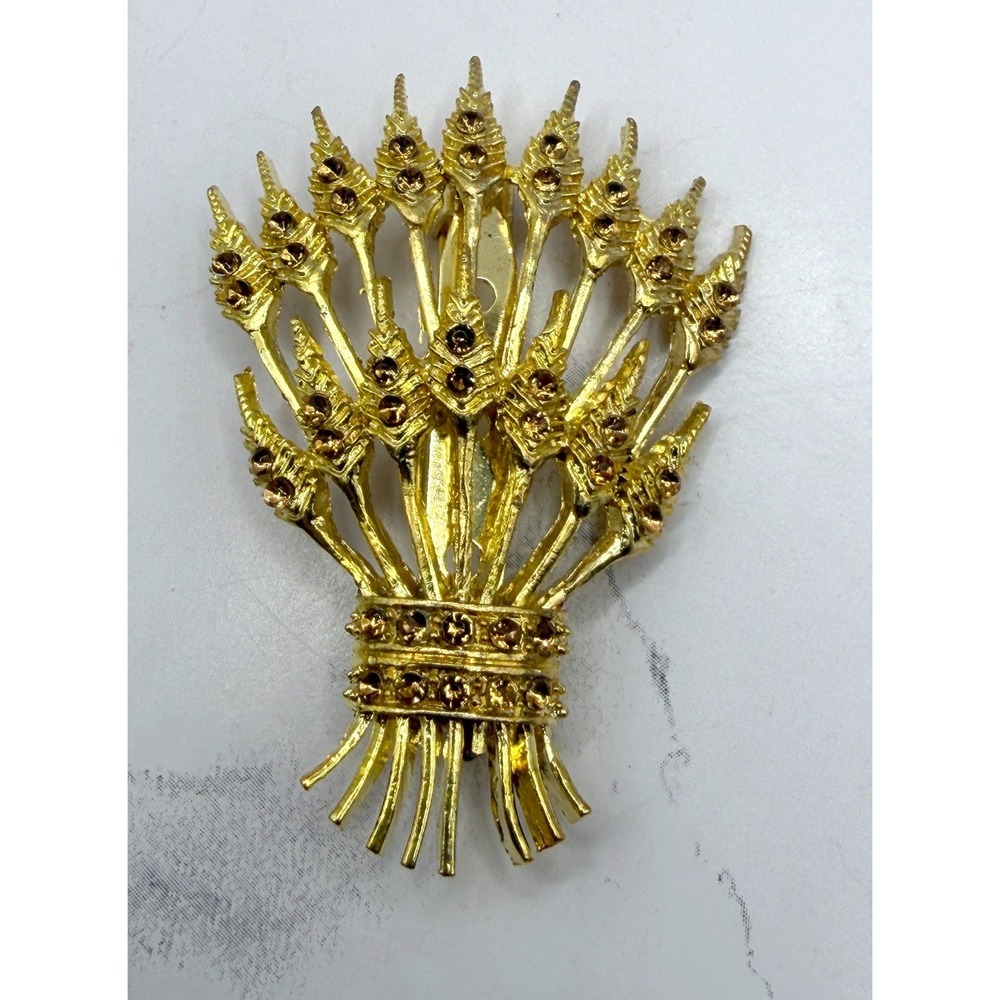 Vintage Gold Wheat Brooch Amber‎ Rhinestones Harvest Sheaf Pin